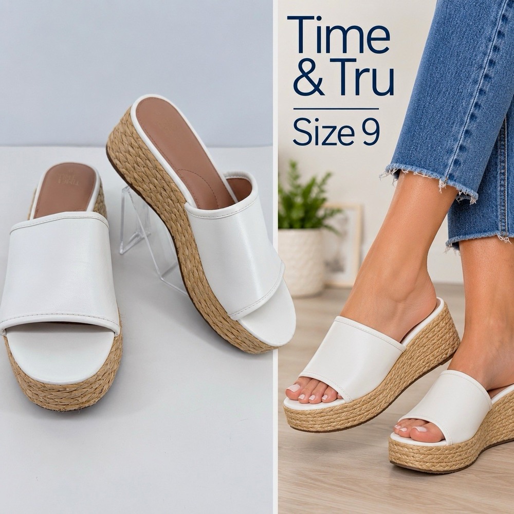 Time and Tru Womens Size 9 White Braided Espadrille Wedge Slide Sandals Slip On
